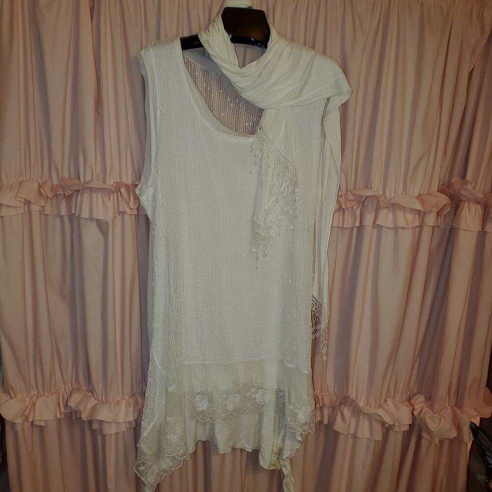 Indigo Thread Ivory Net&Lace Romantic Tank w/Matching Scarf Ivory 1X